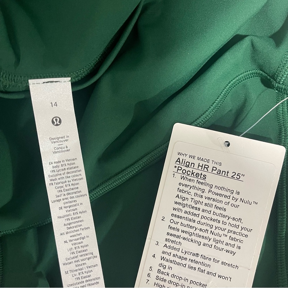 Lululemon Align High Rise Pants Leggings w Pockets Everglade Green 14 Nwt - Picture 8 of 8